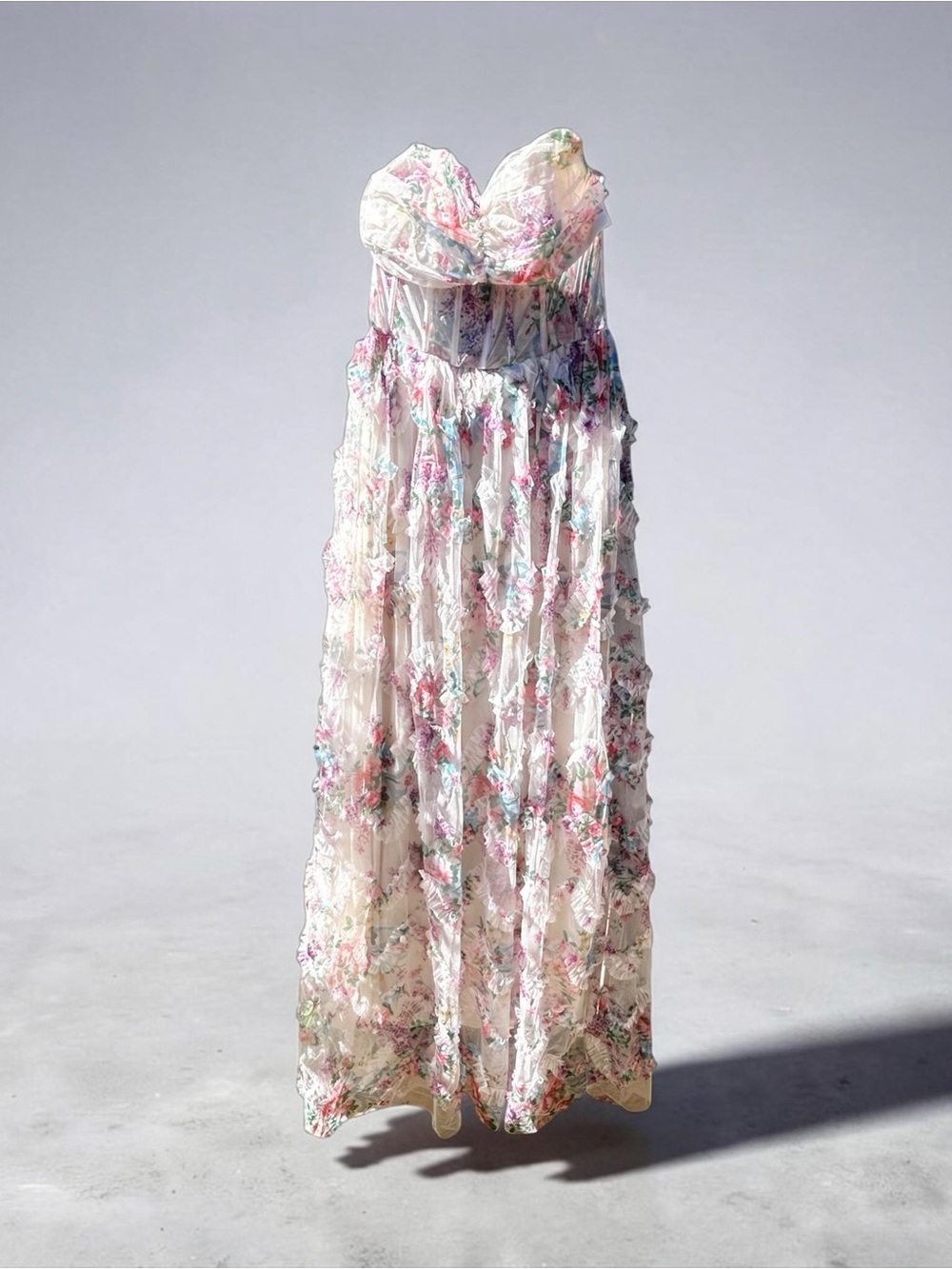 Faeriesty Floral Mesh Corset Ruffle Maxi Dress Size Medium Excellent Condition